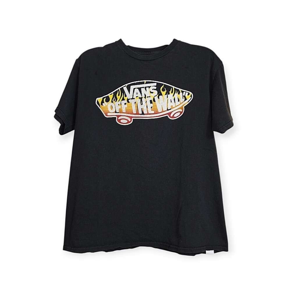Vans Off The Wall Black Short Sleeve Flames Skateboard Logo Graphic Tee M 10-12